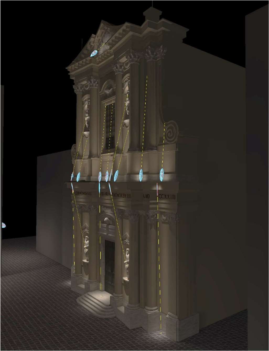 Visualisation of the lighting result. Positioning of the luminaires and 3D representation of the photometric solids. Side view.